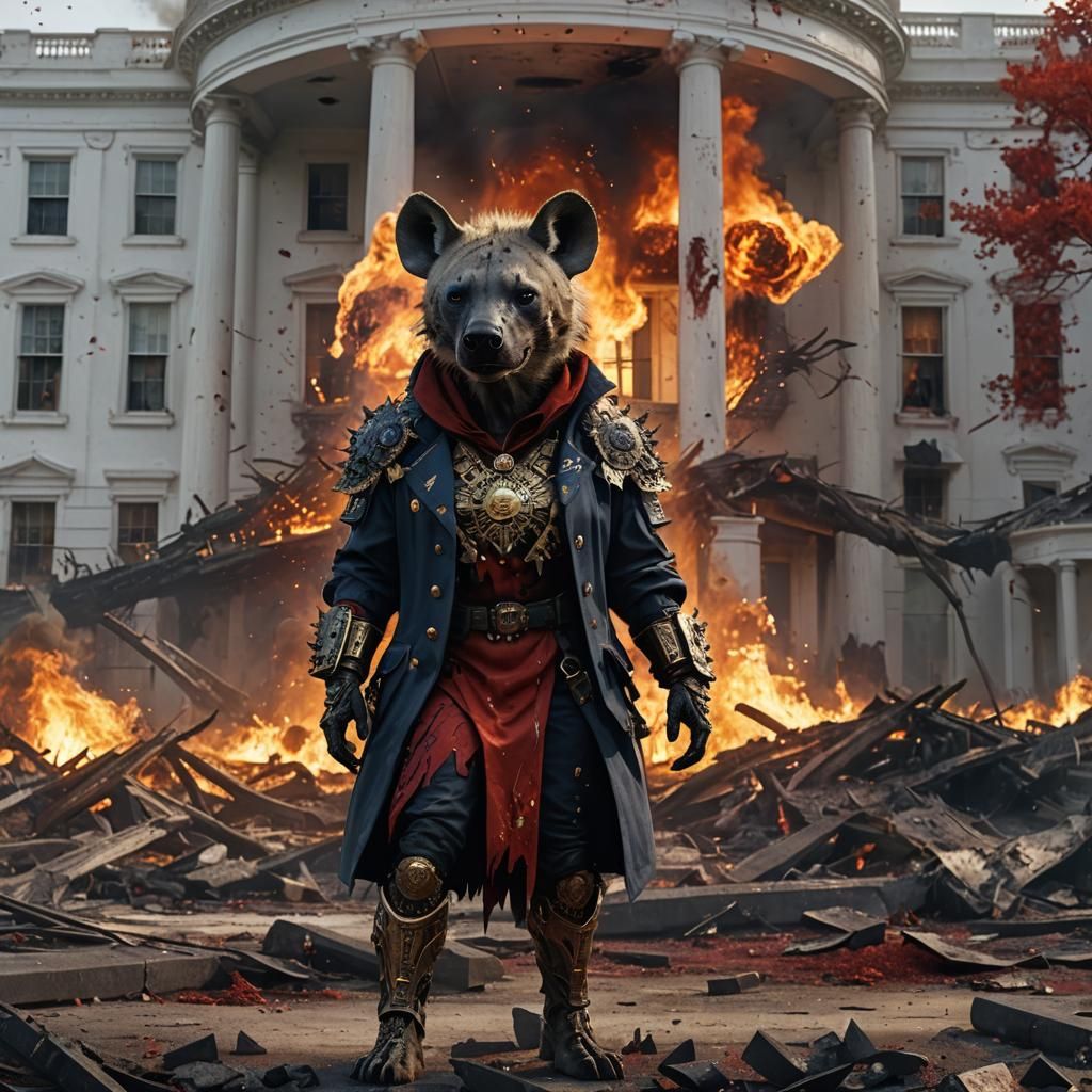 Humanoid female hyena, wearing Presidential outfit, standing...