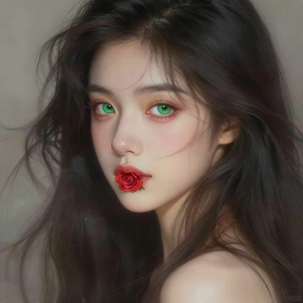 Ethereal Portrait of a Girl with Rose-Filled Eyes