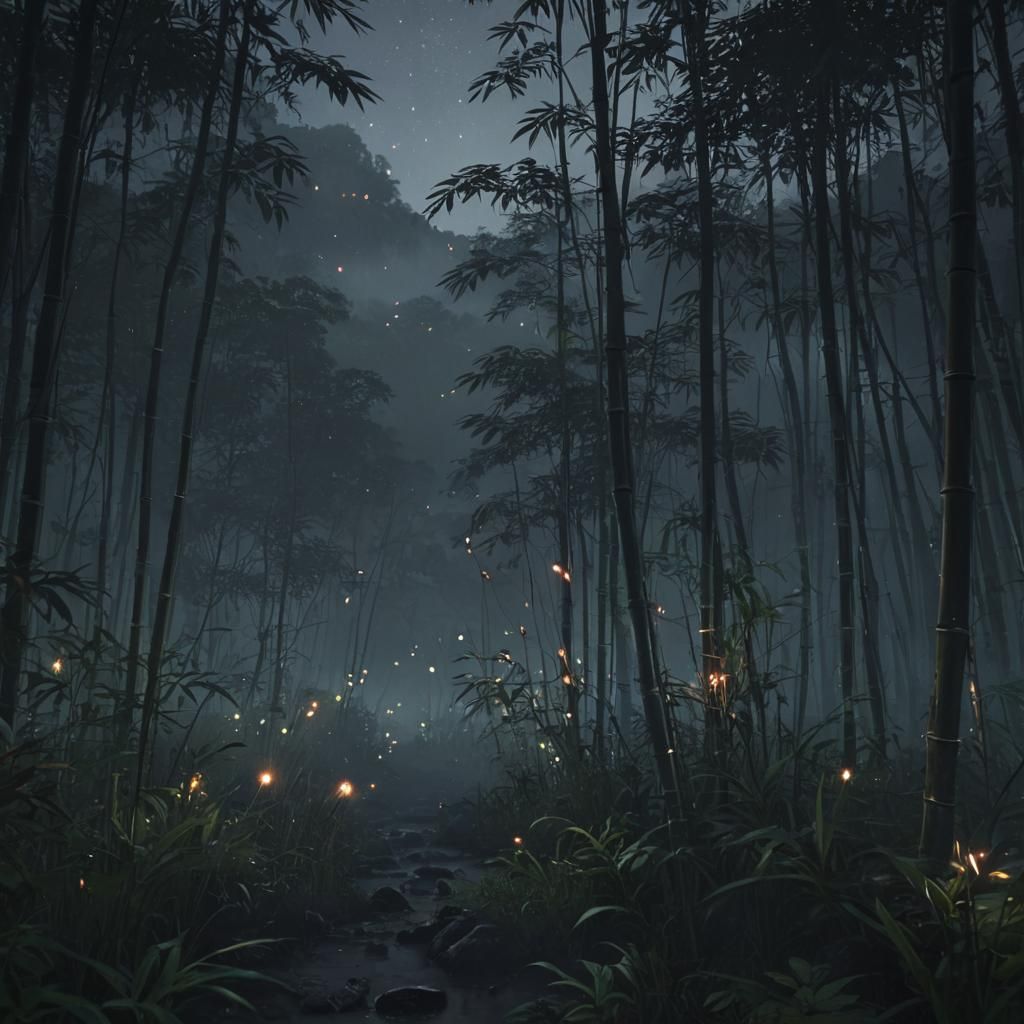 Hyperrealistic, Japanese forest, bamboo, mountain, fog, nigh...