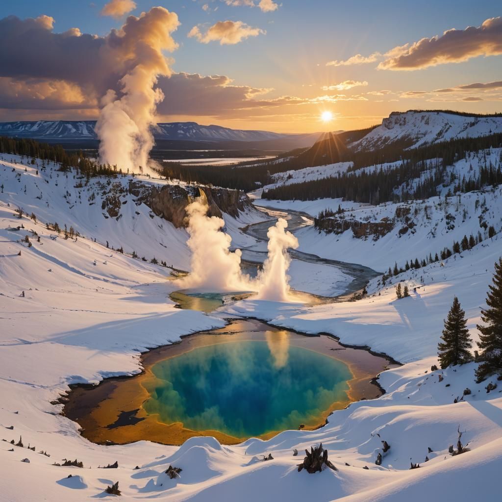 panoramic view of snow-covered Yellowstone park   by @Mapont