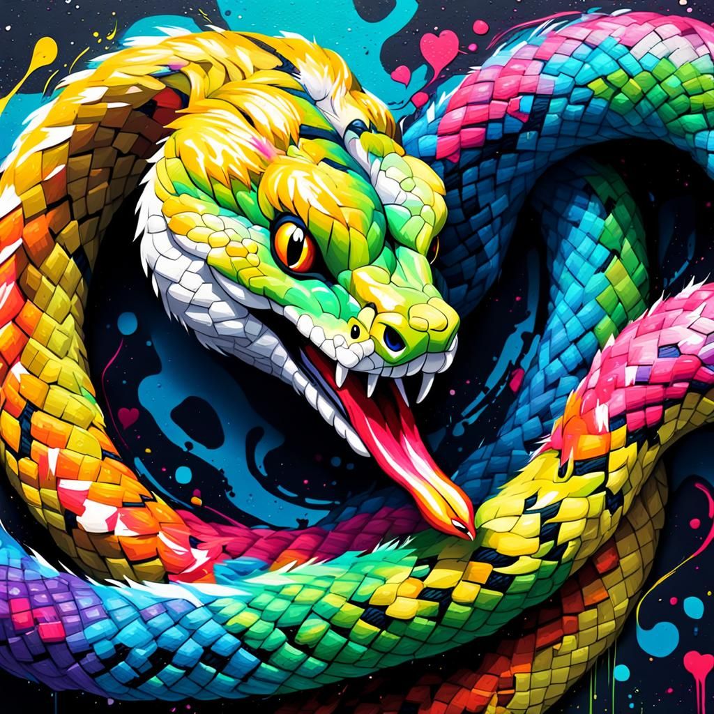 Animation of a fluffy textured snake, flirty and made up, wi...