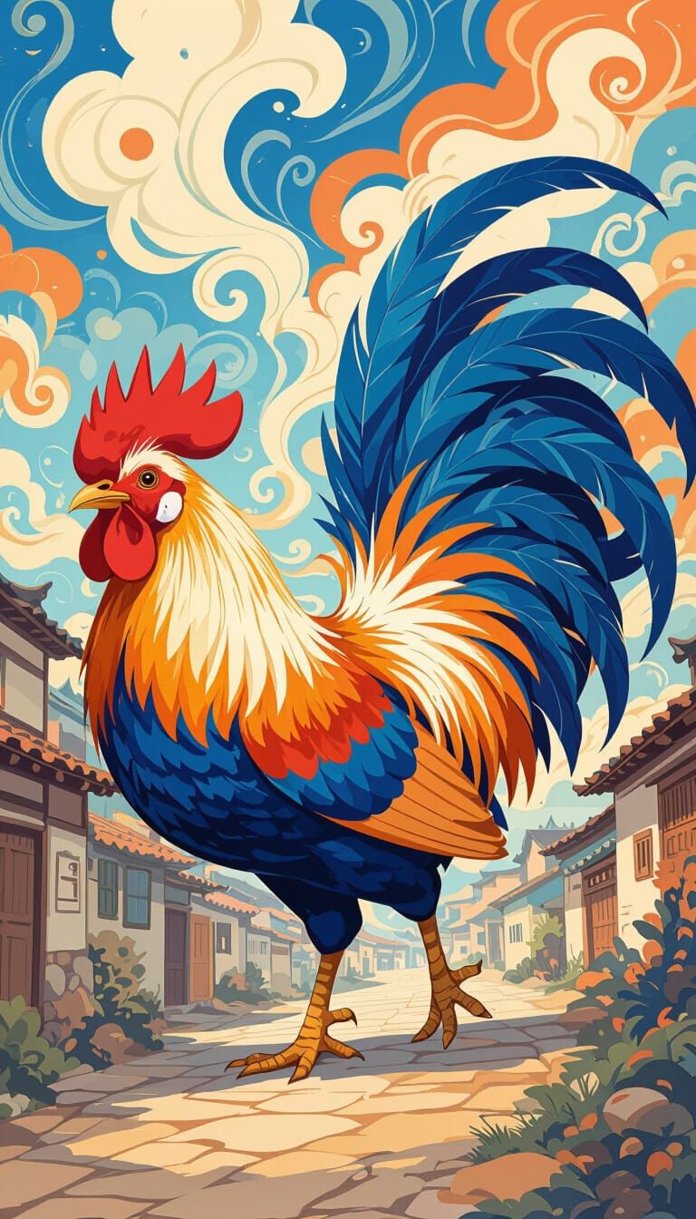 Rooster's Arrival: Vibrant Feathers in Abstract Village