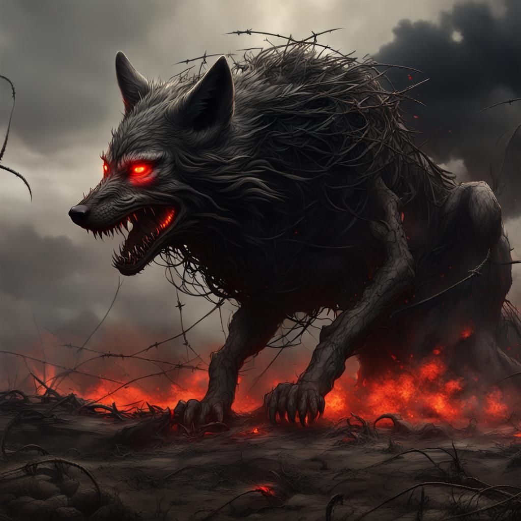 "a black cloud in the shape of a wolf over a desolate world ...
