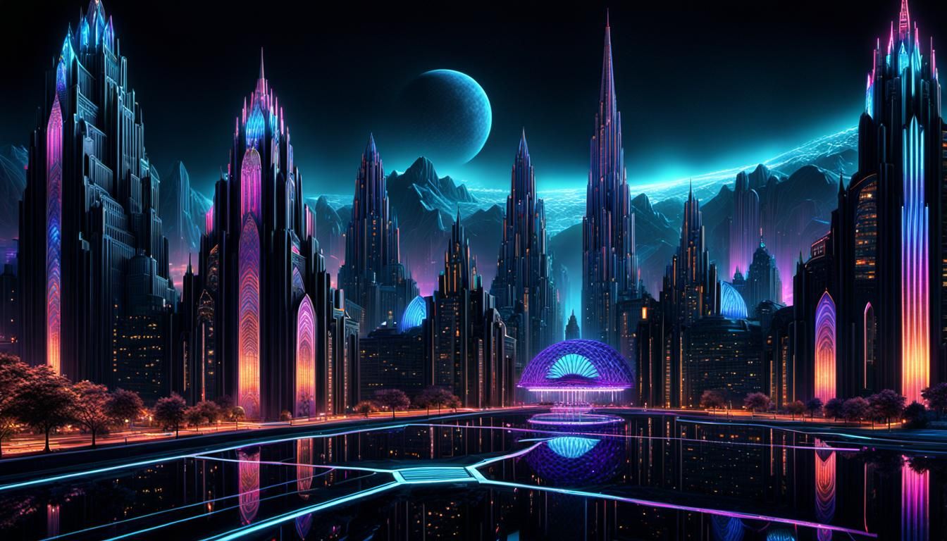 fractal crystal city, night, retroSF, art deco, art nouveau,...