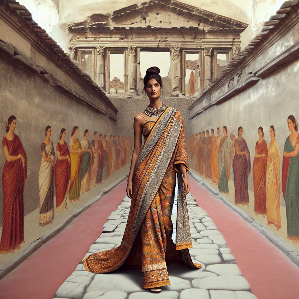 ancient Pompeii fresco of supermodel on a catwalk, ancient roman fashion 