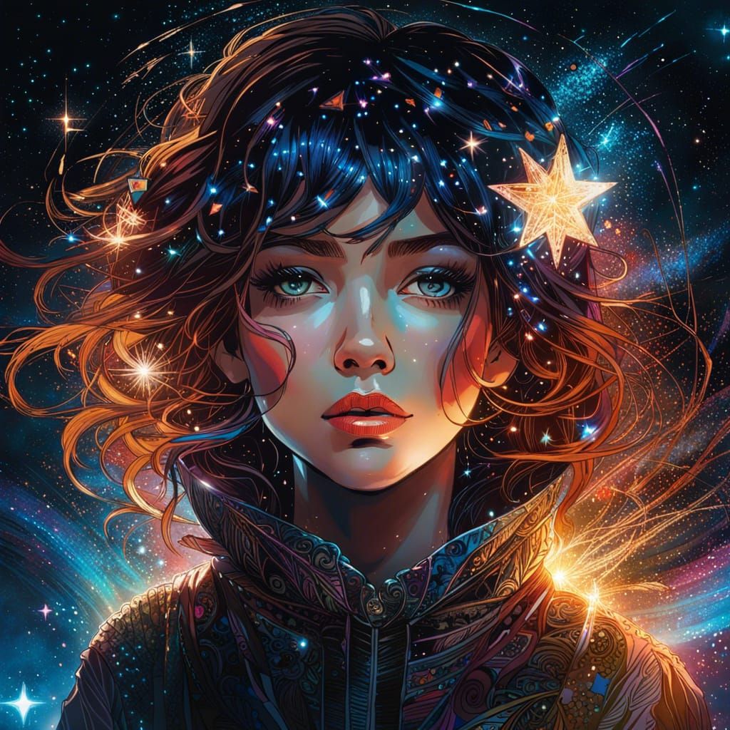 stars glittering and the galaxy in her eyes, centered, key v...