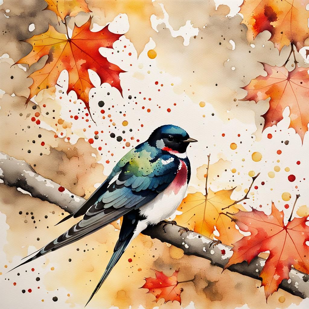 Close-up of a swallow on a maple in autumn