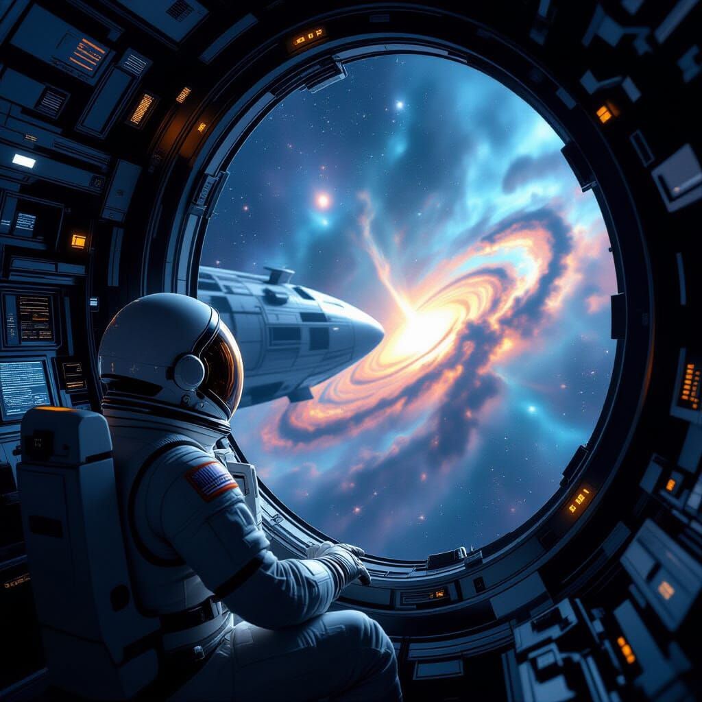 A lone astronaut gazes out of the viewport of a massive, interstellar rocket ship, his face reflecting ...  by @Ivy