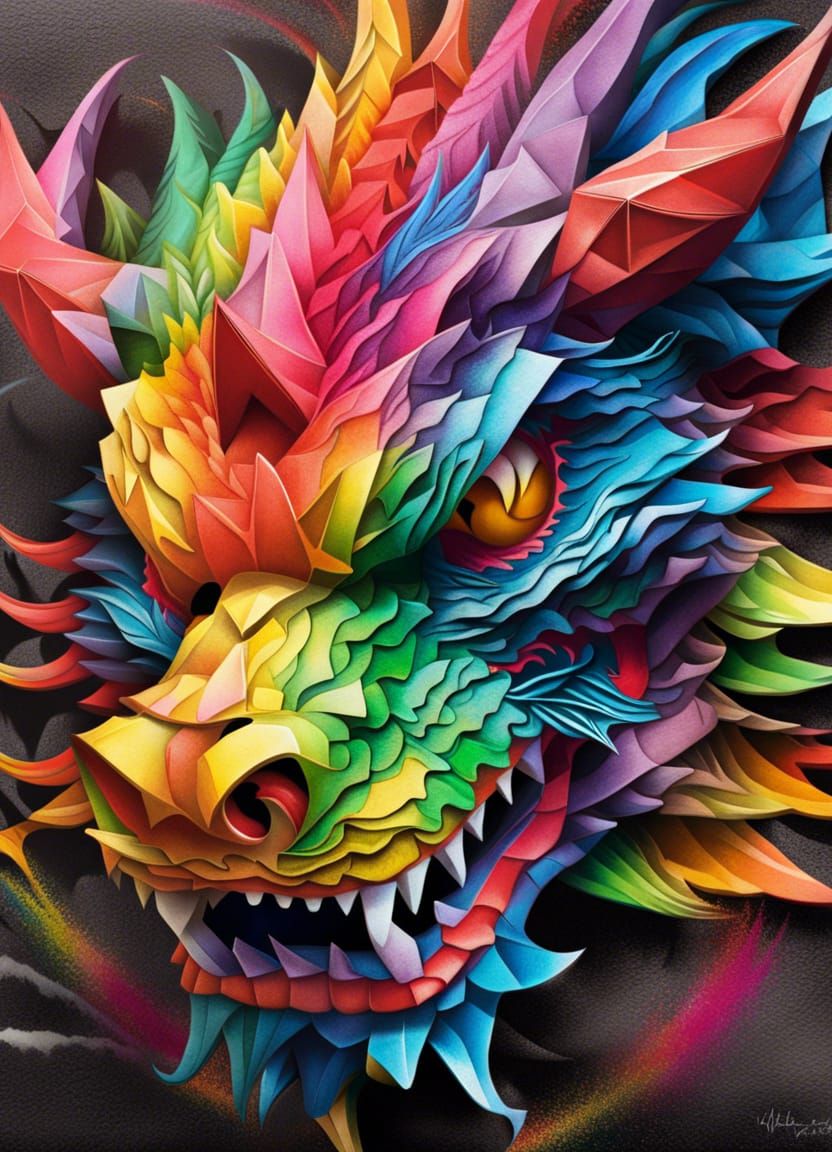 Origami of a Rainbow colored Chinese dragon graffiti art, splash art, street art, spray paint, oil gouache ...  by @Eduardo Batelli