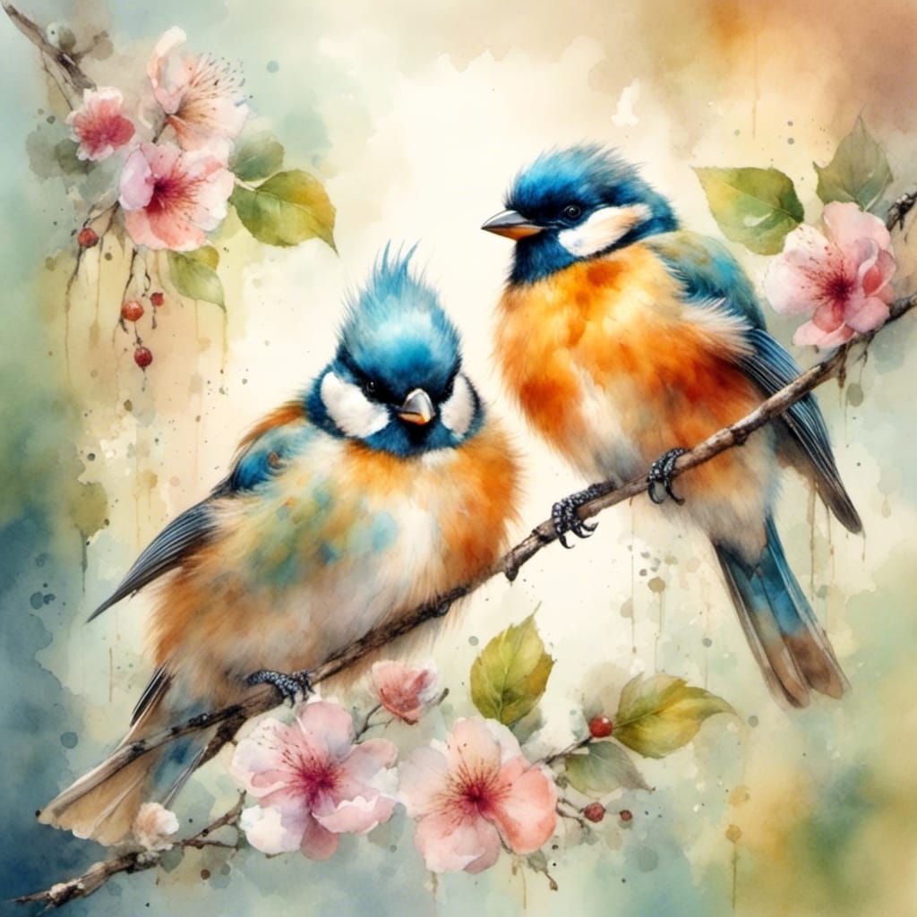 <lora:Artistic mash-up:1.0> Two happy beautiful birds sittin...