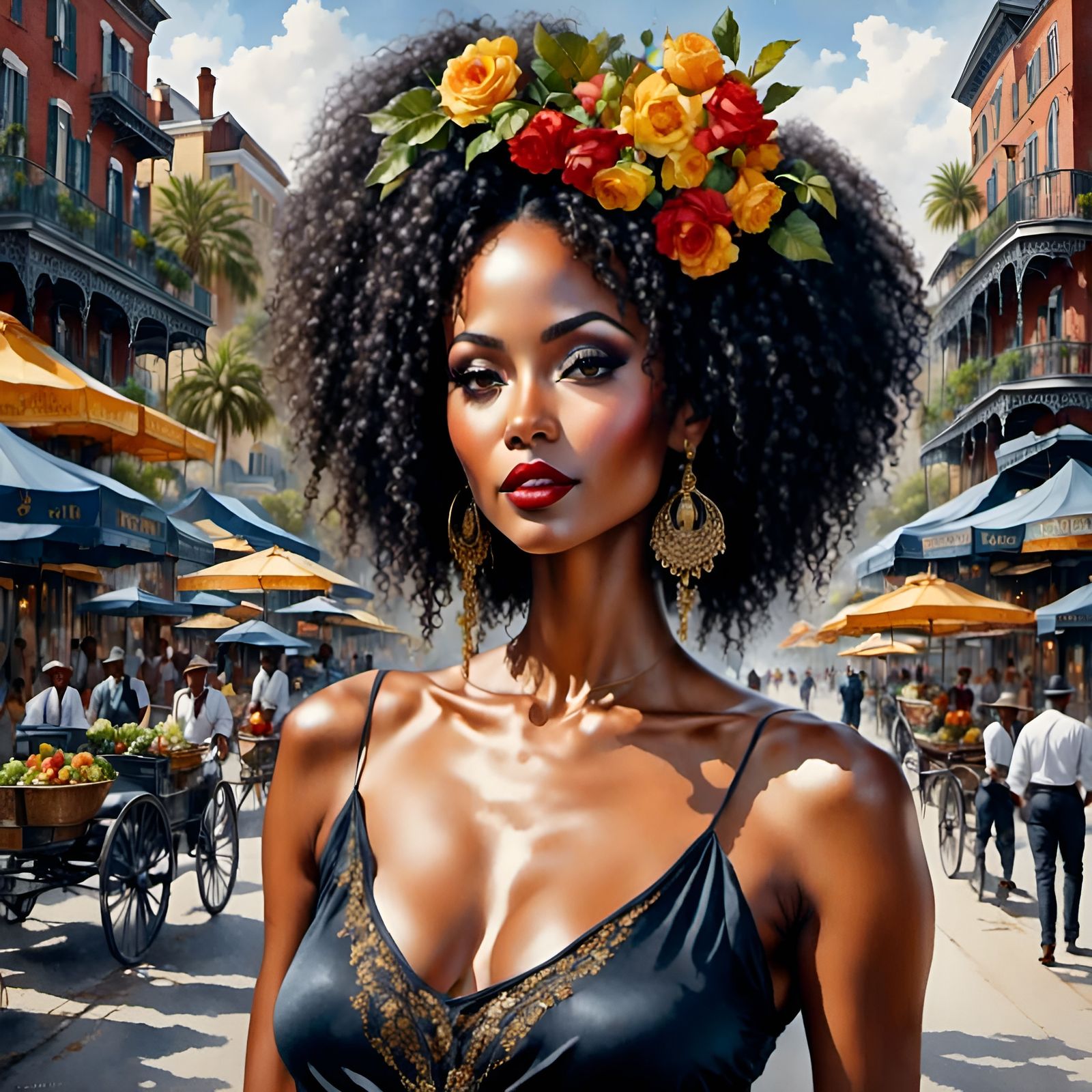 Intricately detailed painting of  gorgeous African-American woman, in New Orleans, in the style of <lora:Diversity:1.0> and <lora:Abracadabr...