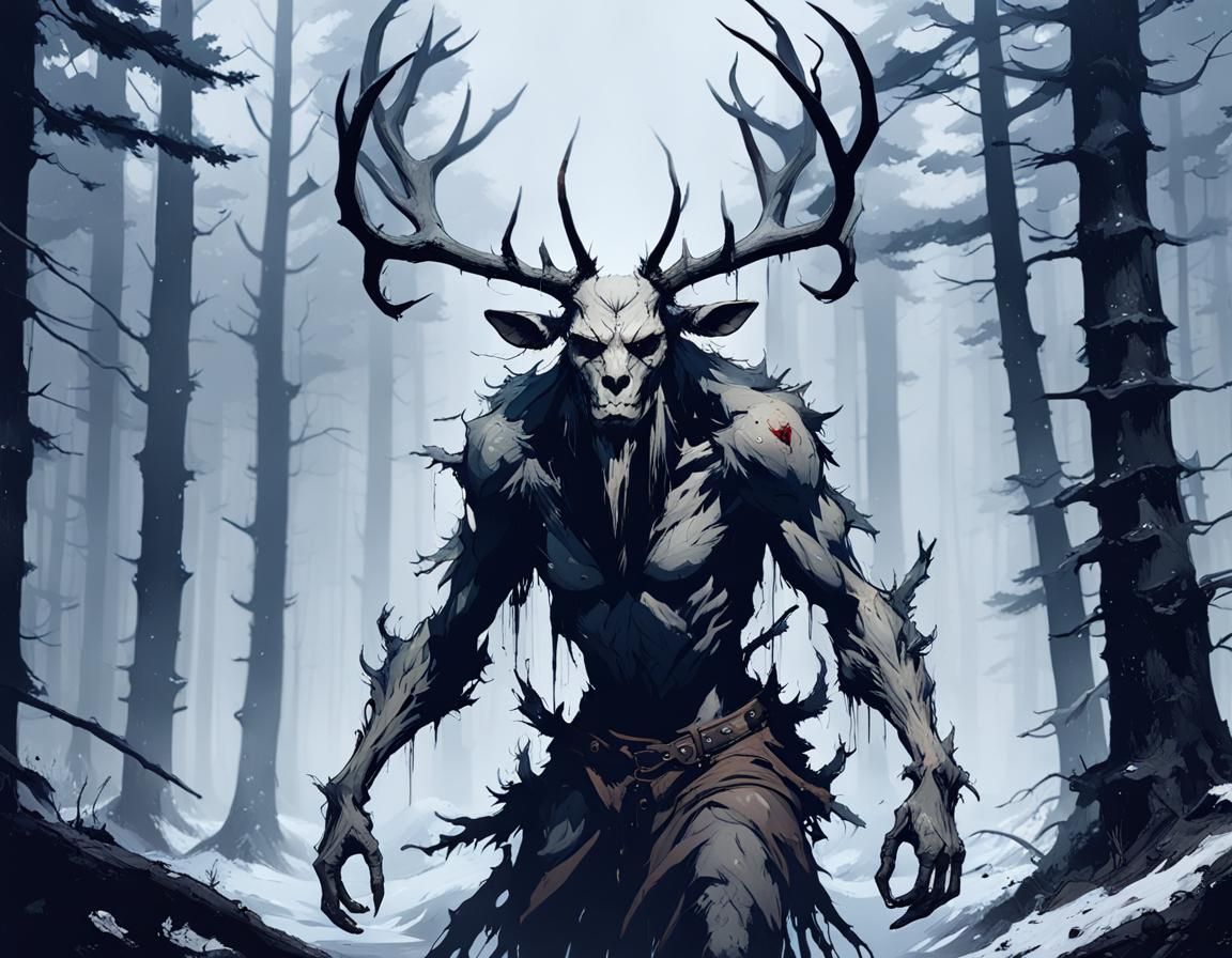 Inkpunk Wendigo in Dark Forest Concept Art