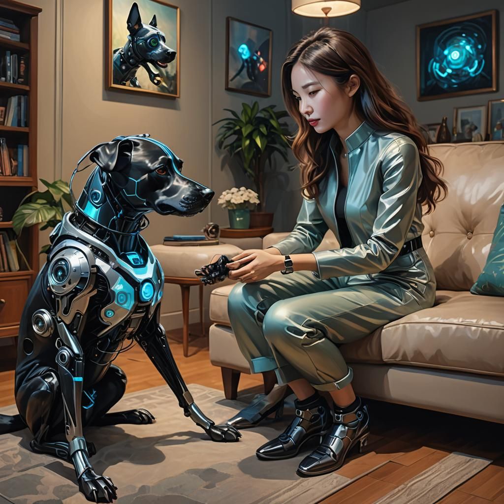 woman with cyborg dog