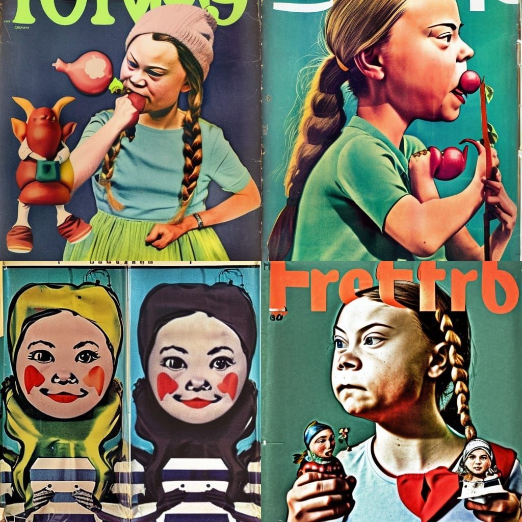 Greta Thunberg eating gnomes, 1960s fashion magazine cover, ...