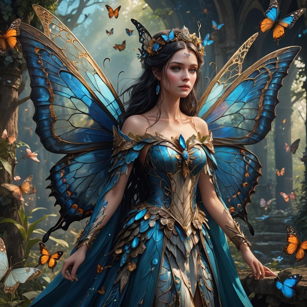 lone dignified Fairy Queen with dark hair blue eyes and larg...