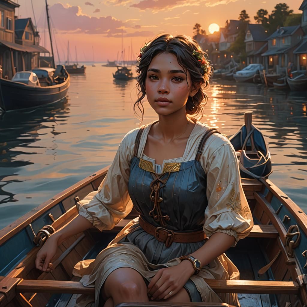Girl in Rowboat at Sunset: Detailed Digital Art