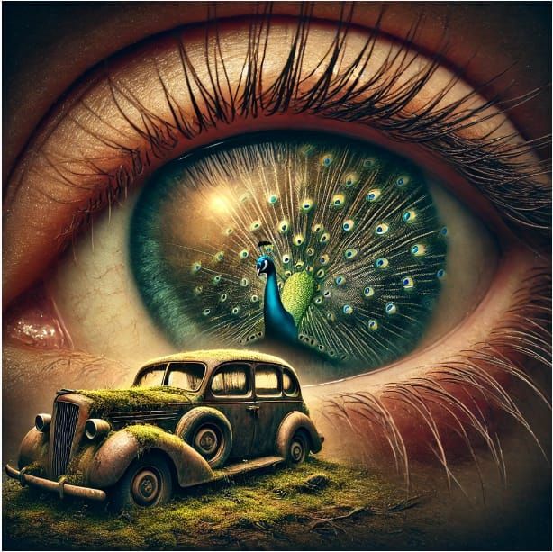 the elegant peacock and the moss-covered, forgotten car, all...