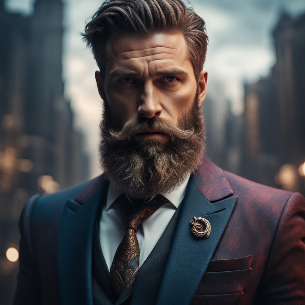 close up fine photography of a beard and suit