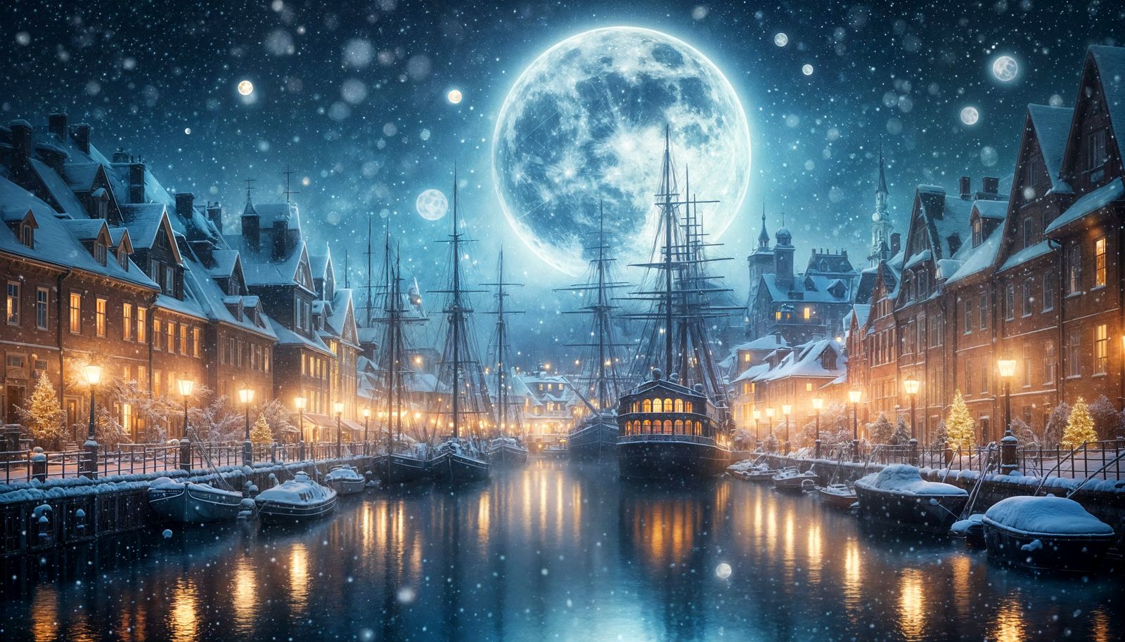 The frozen harbour at midnight