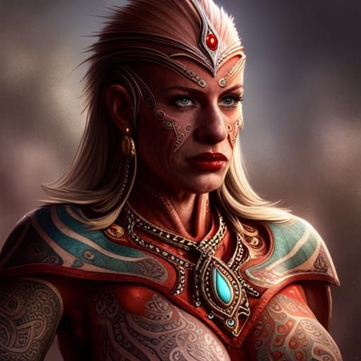 Portrait of a goliath woman dressed in dirty red Christmas a...