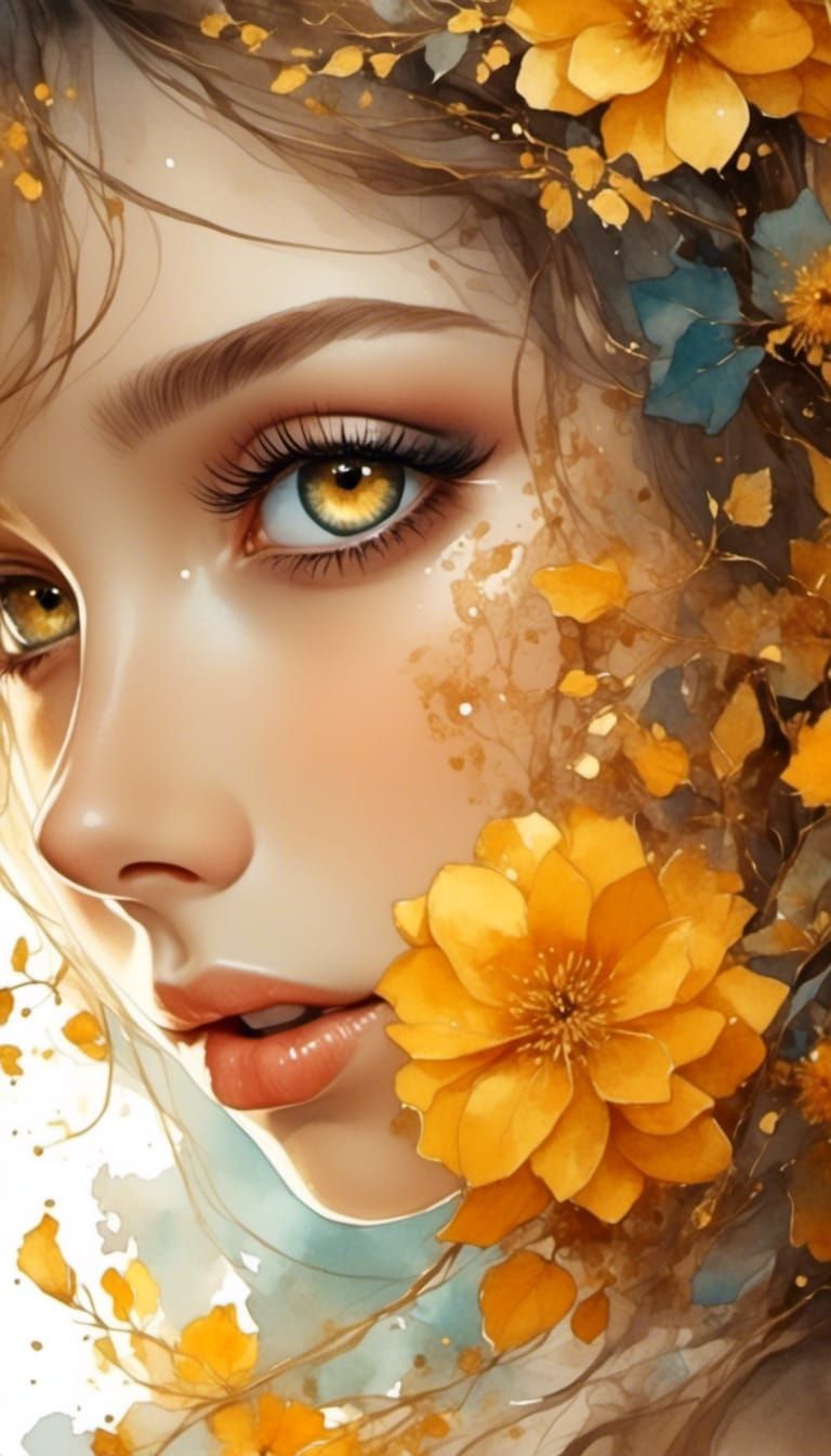 beautiful girl with golden flowers