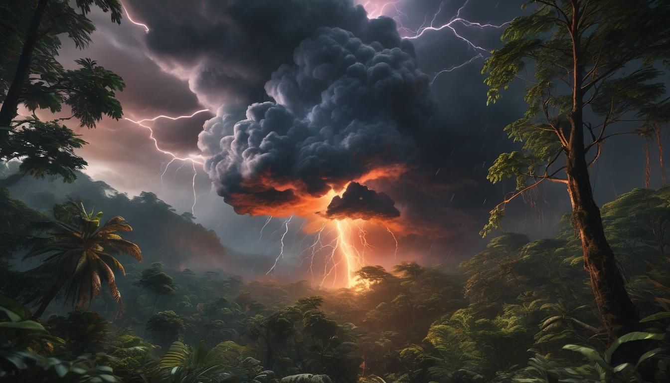Over a rainforest, storm clouds scatter colorful lightning, ...