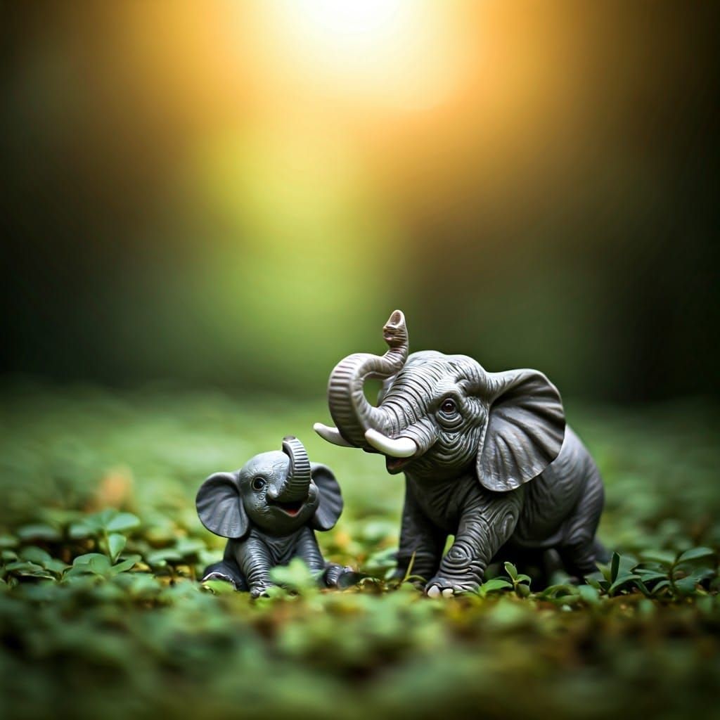 Father and Son Elephants in Lush Greenery, Warm Ambient Ligh...