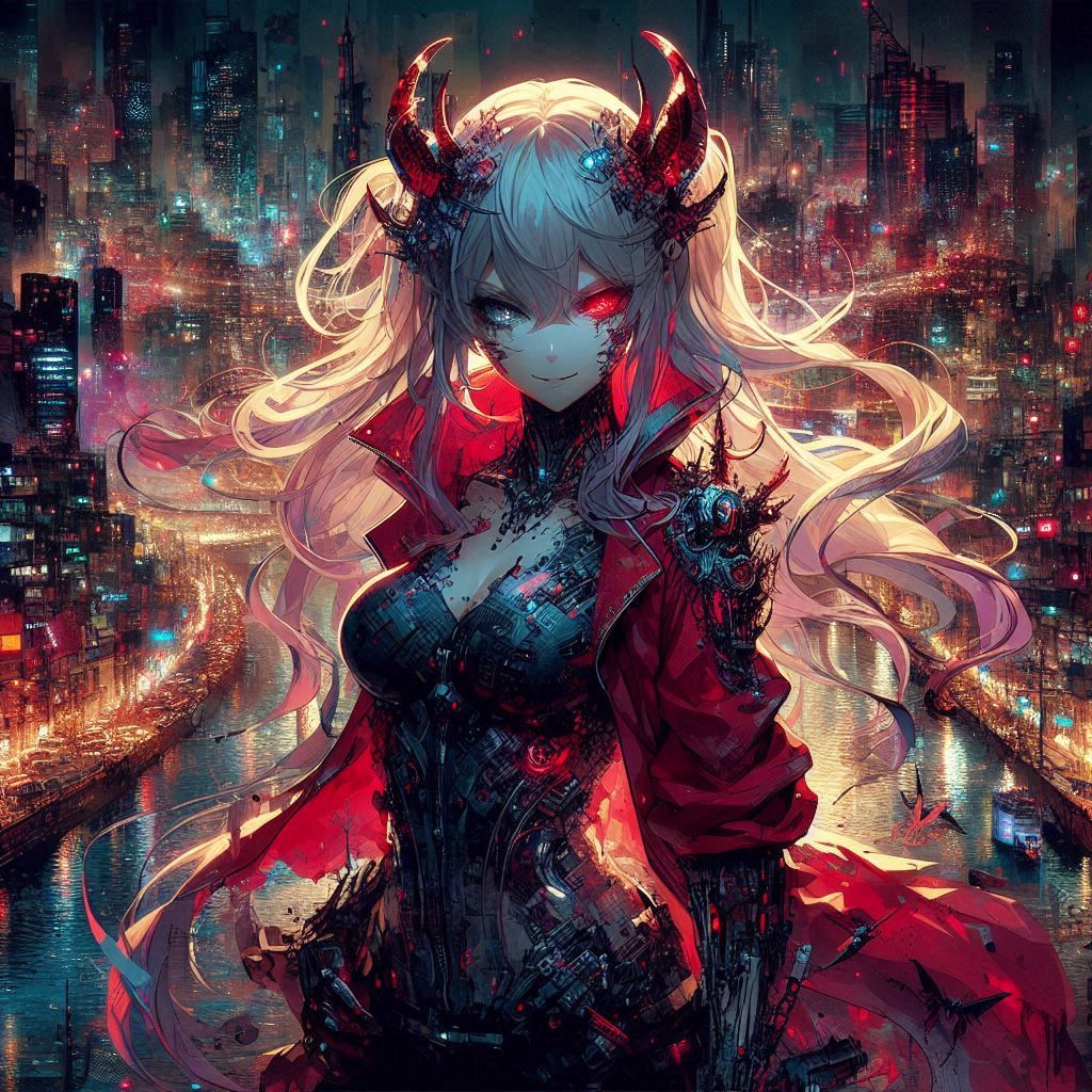 Beautiful red cyberpunk demonic woman