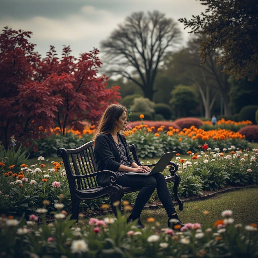 A woman sitting on a park bench with a laptop computer in a botanical garden with trees and flowers. intricate details, HDR, beautifully sho...
