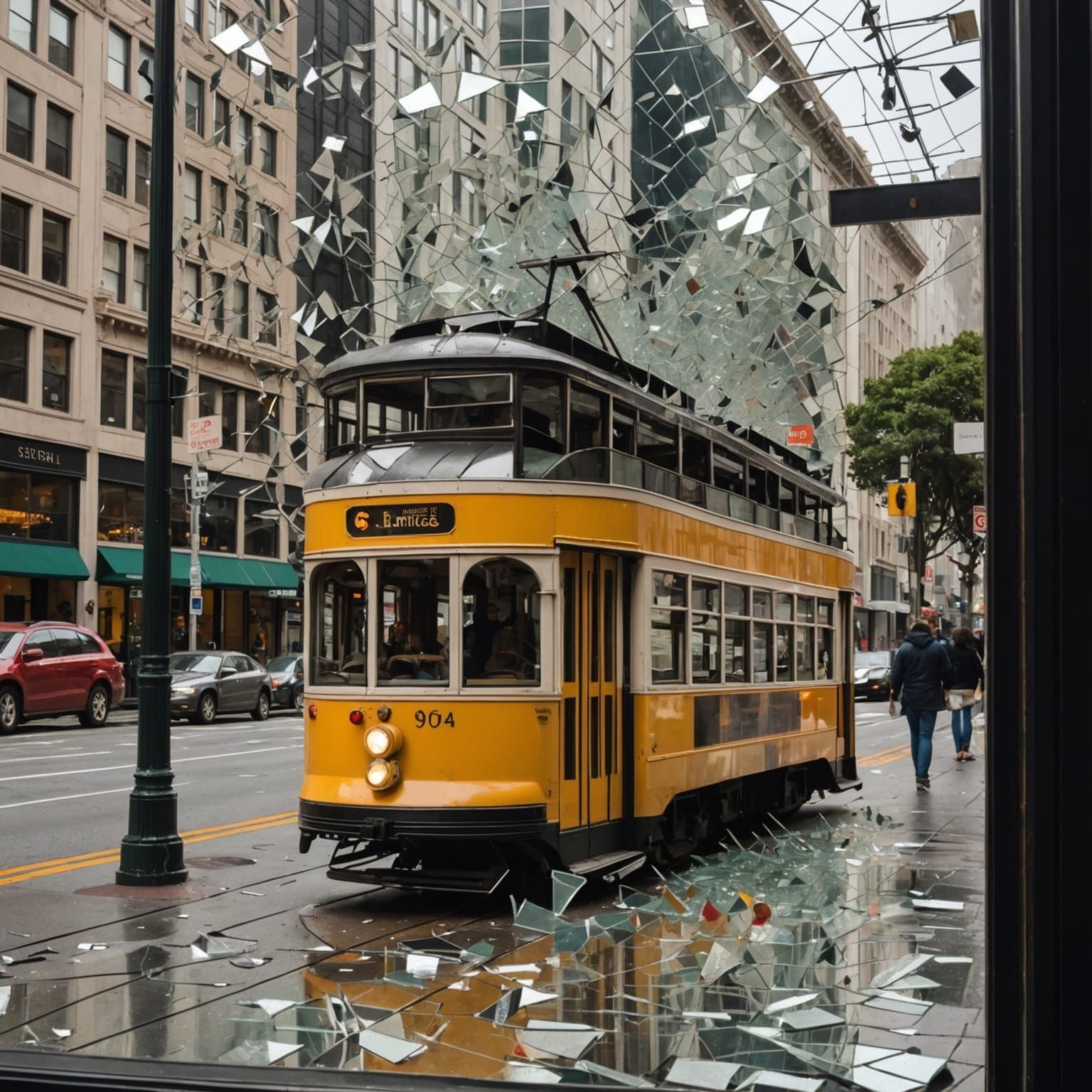 A mirrored glass window in a store window, shattered into co...