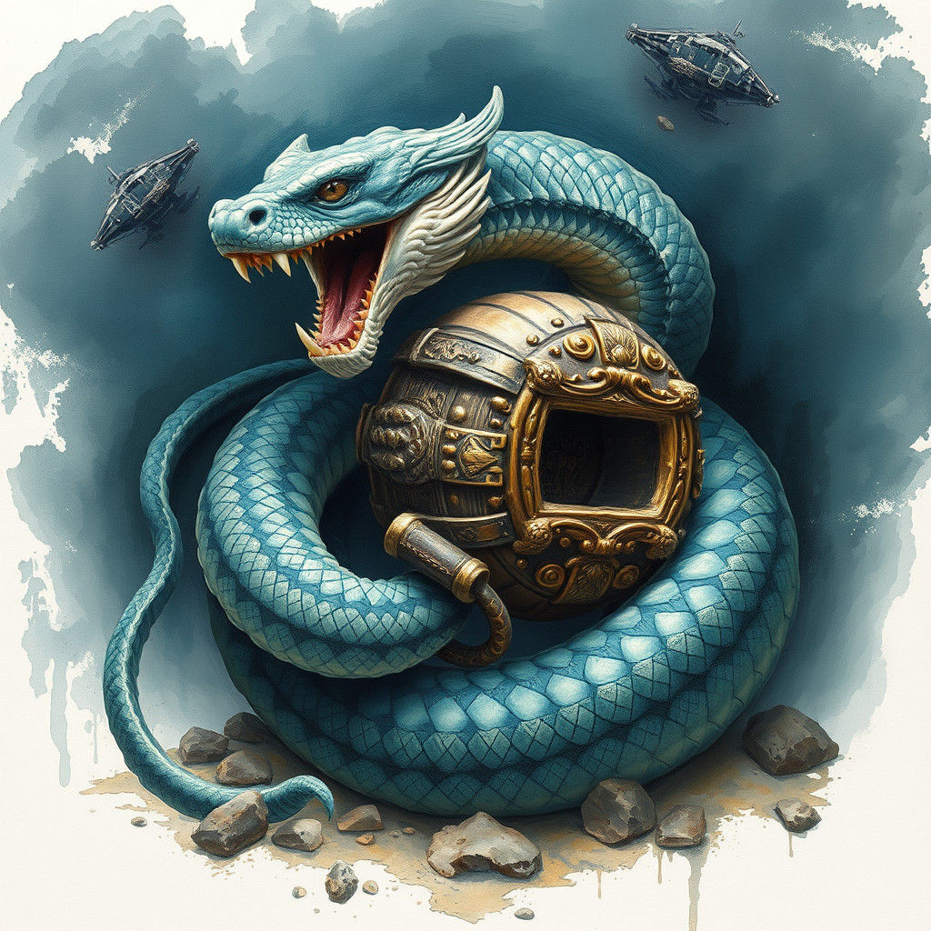 A sea serpent wound around an ancient artifact