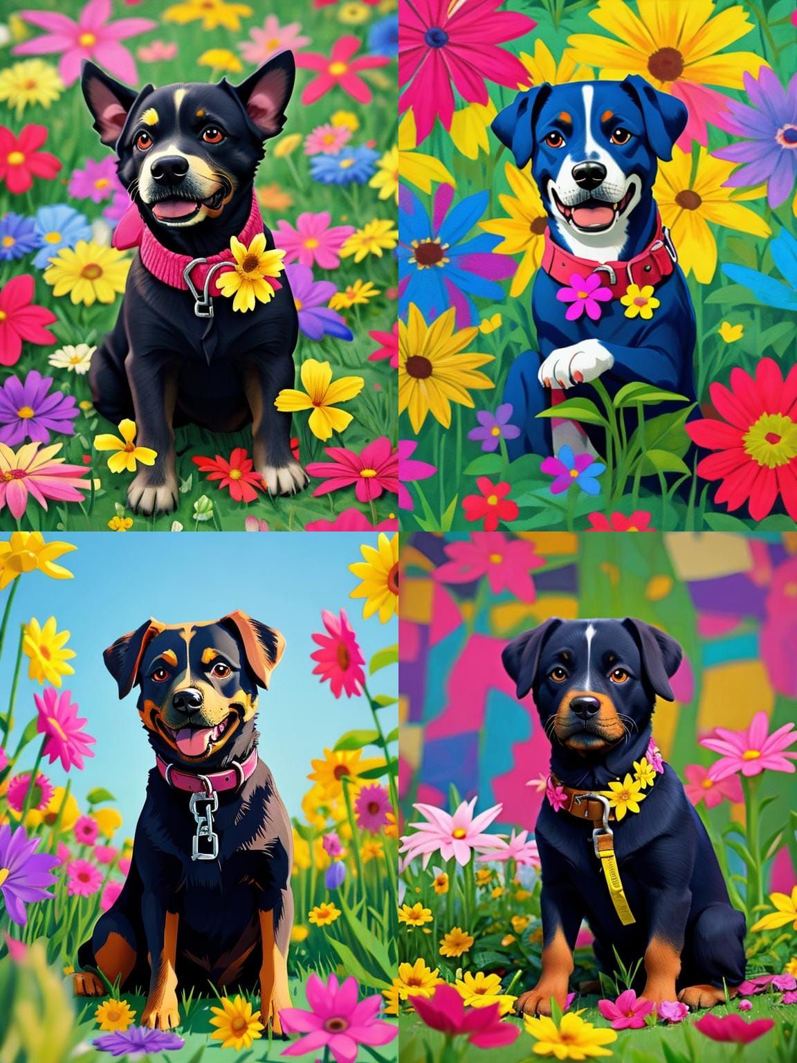 (Dog surrounded by colorful flowers