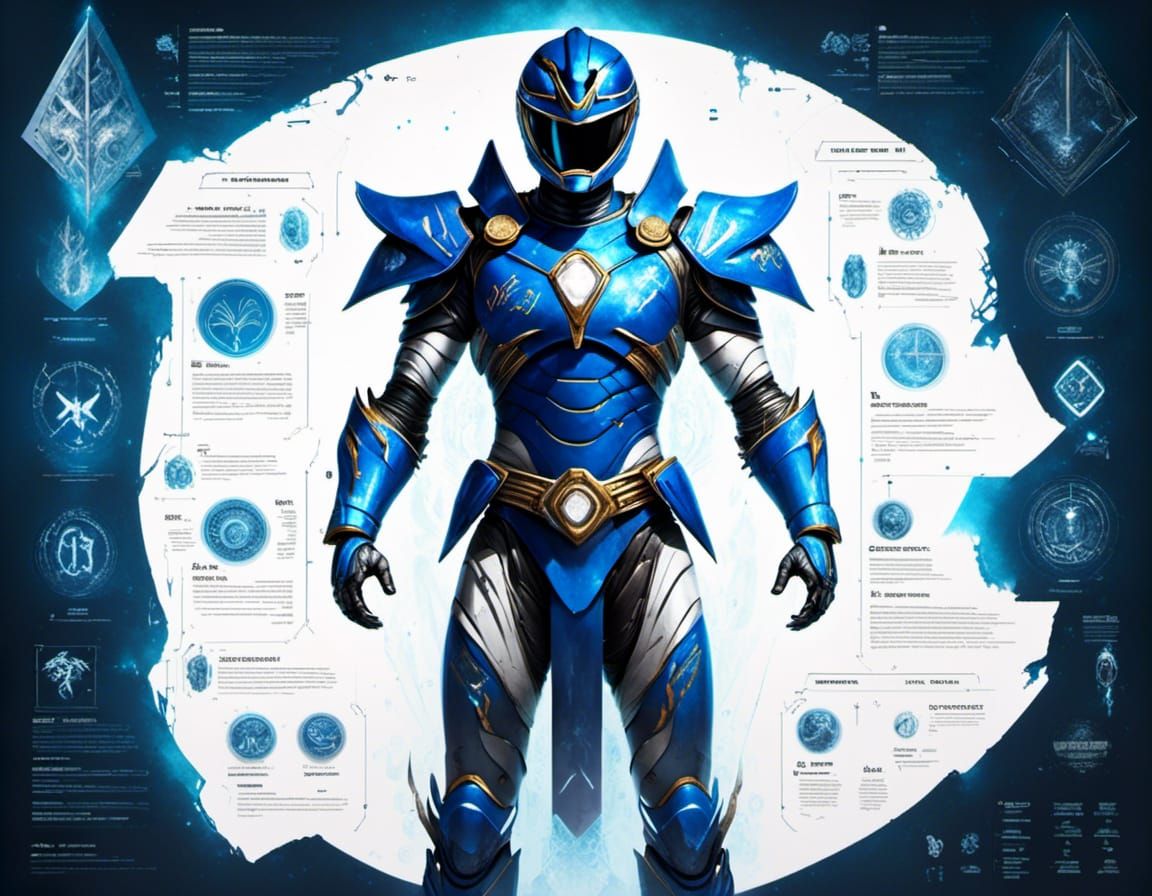 Blue power ranger, intricate schematic diagram, <lora:Glowin...