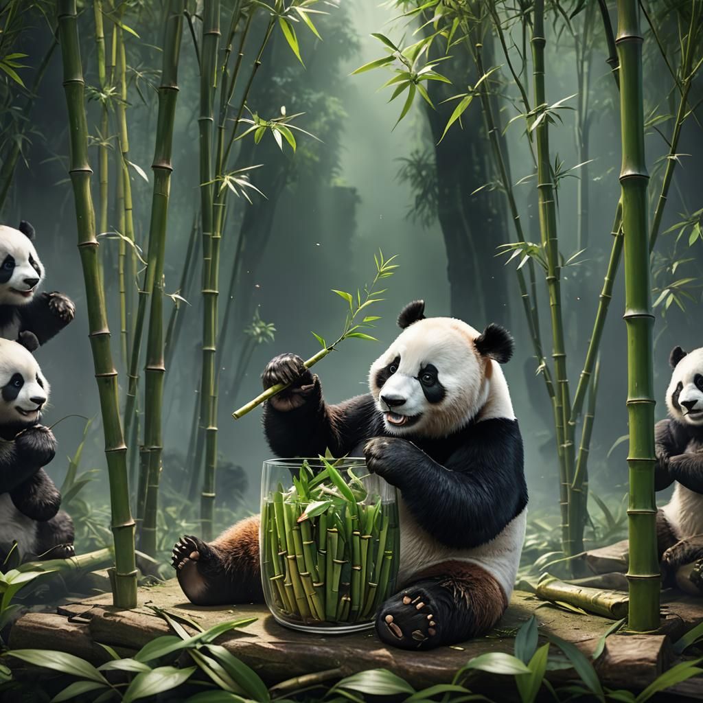 Panda's Glassy Feast: Detailed Fantasy Art