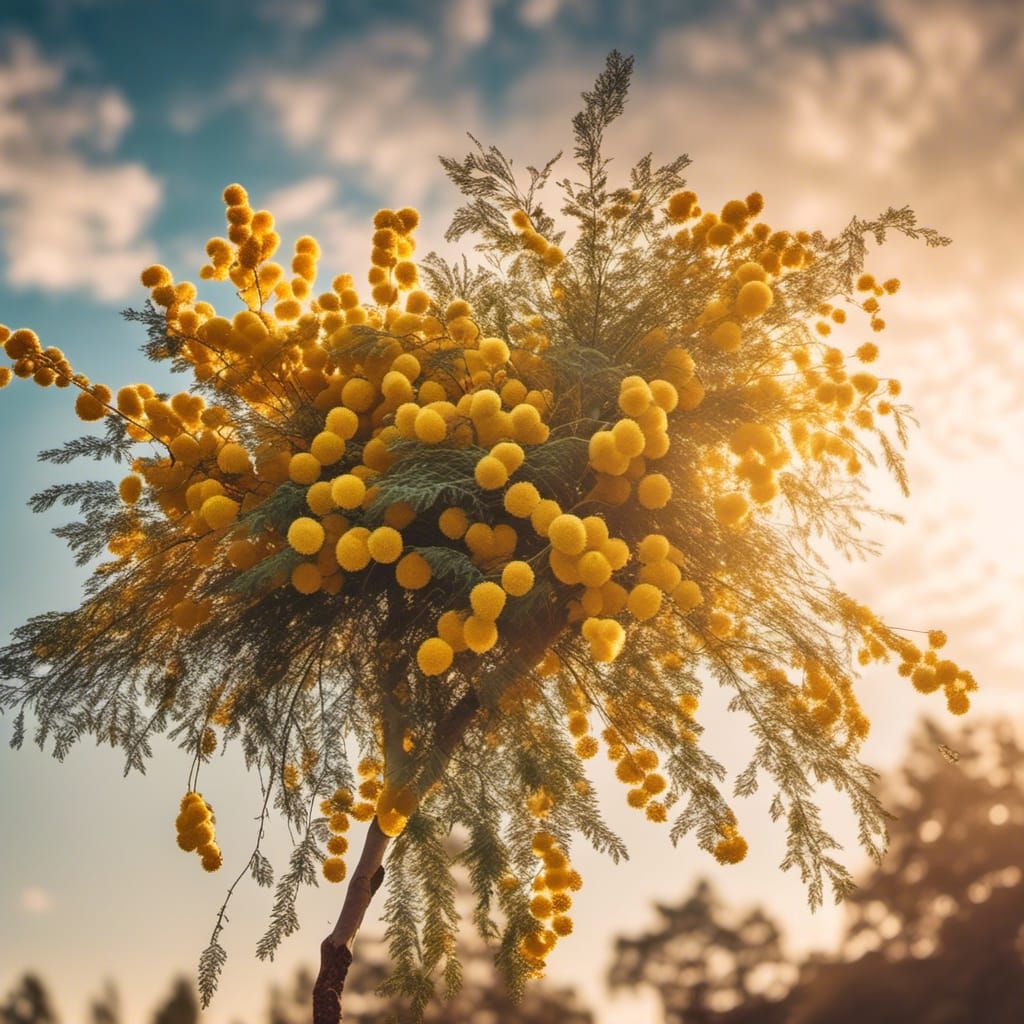 explosion of a huge bouquet of fresh mimosa branches against...