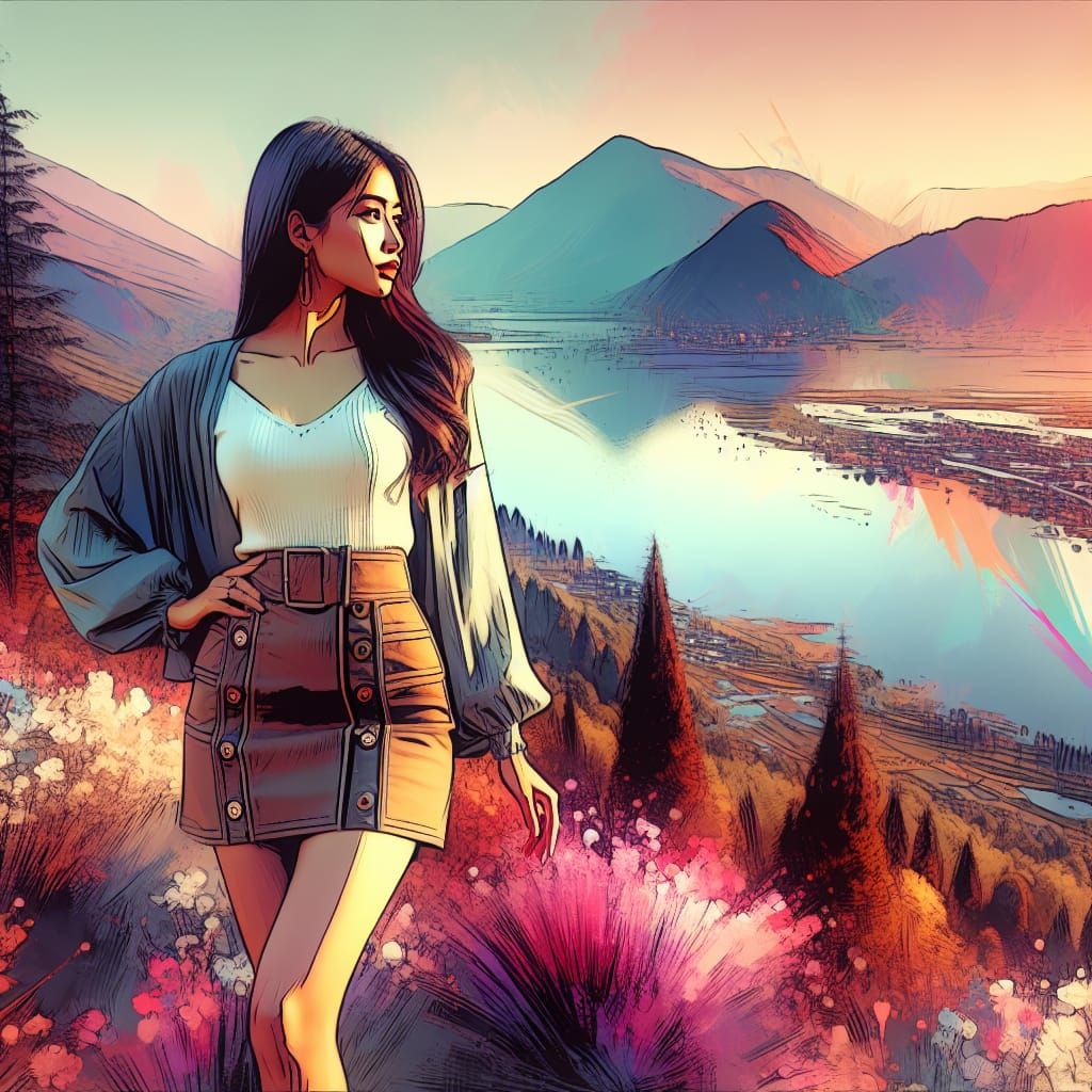 Woman in a Short Skirt and a Colorful Ink Drawing, Overlooking a Lake Valley in Spring at Sunset.