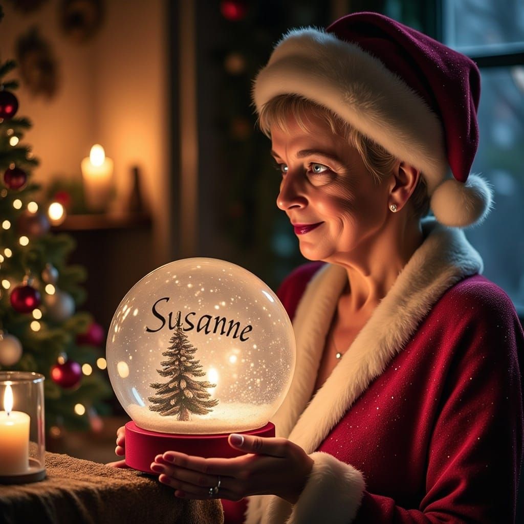 Woman <lora:Me:1.1> Mrs.Santa looking into a glowing Snowglo...