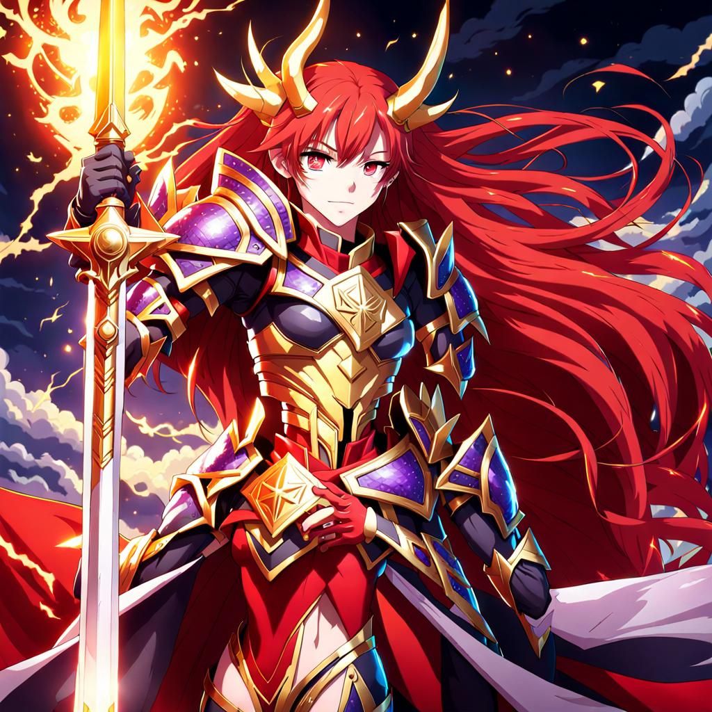 Full body female spellcaster in perfect figure with long red...
