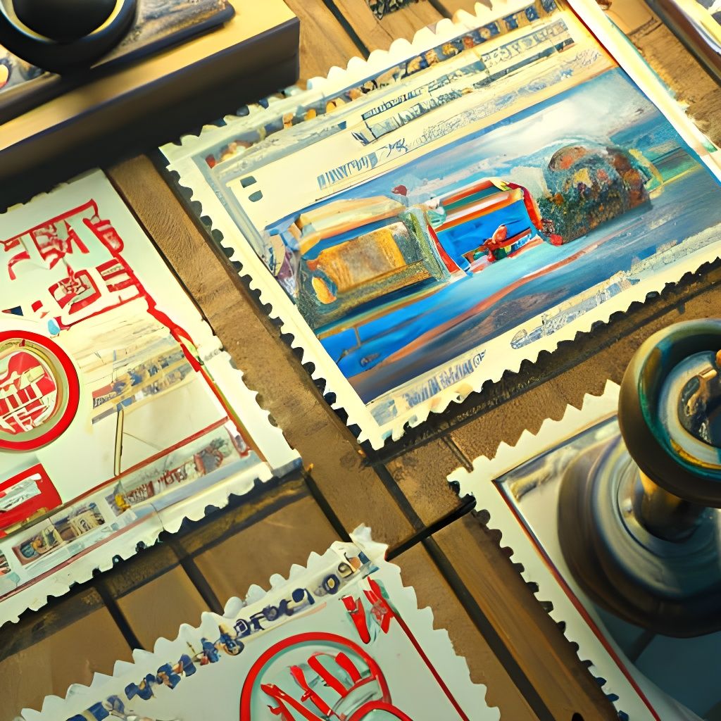 vintage postal stamps on the desk of an antique Post office  by @Lady Norea