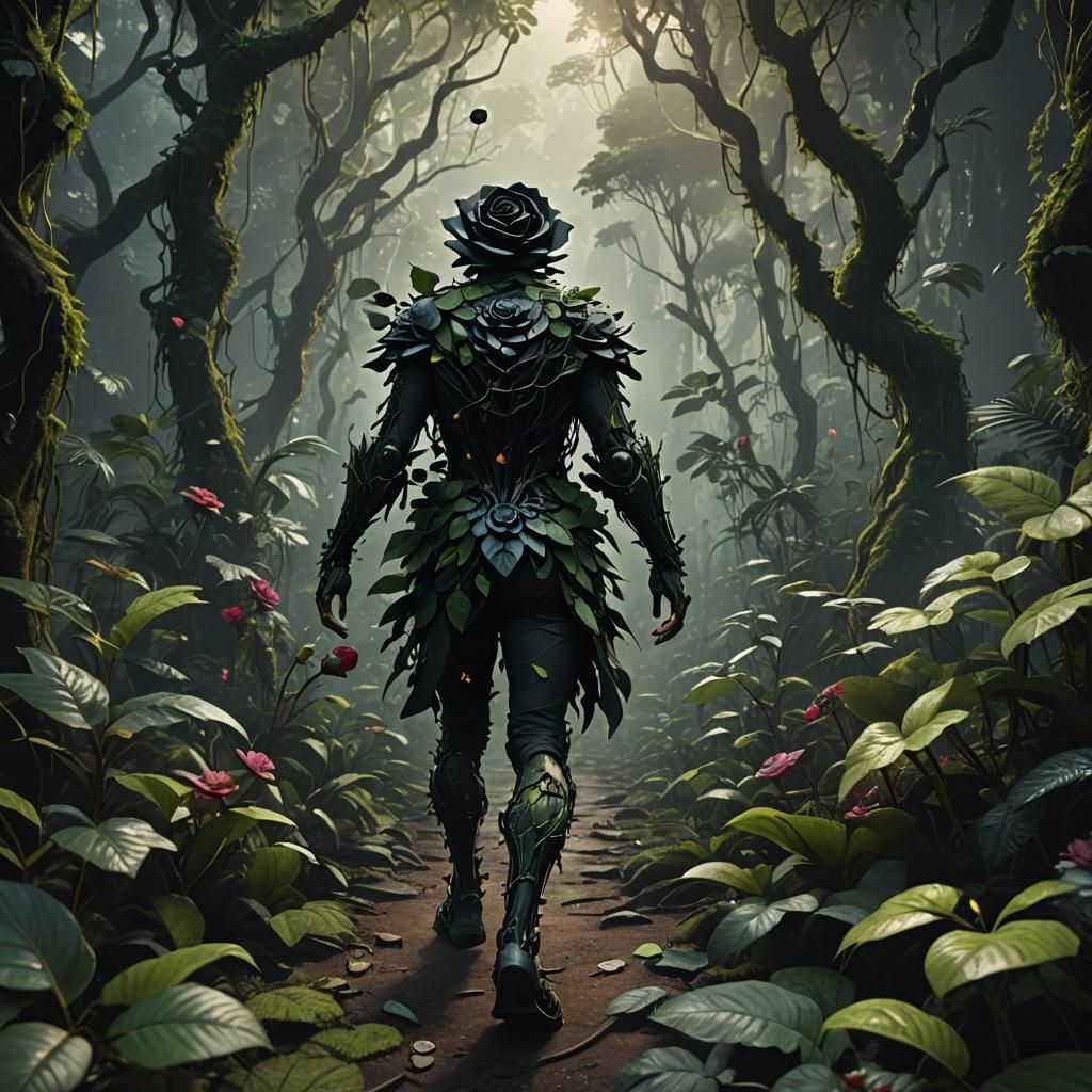 a black rose shaped like a human, walking through rainforest...