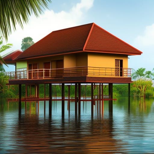 modern traditional Malay house on stilts in Perak Malaysia during flood