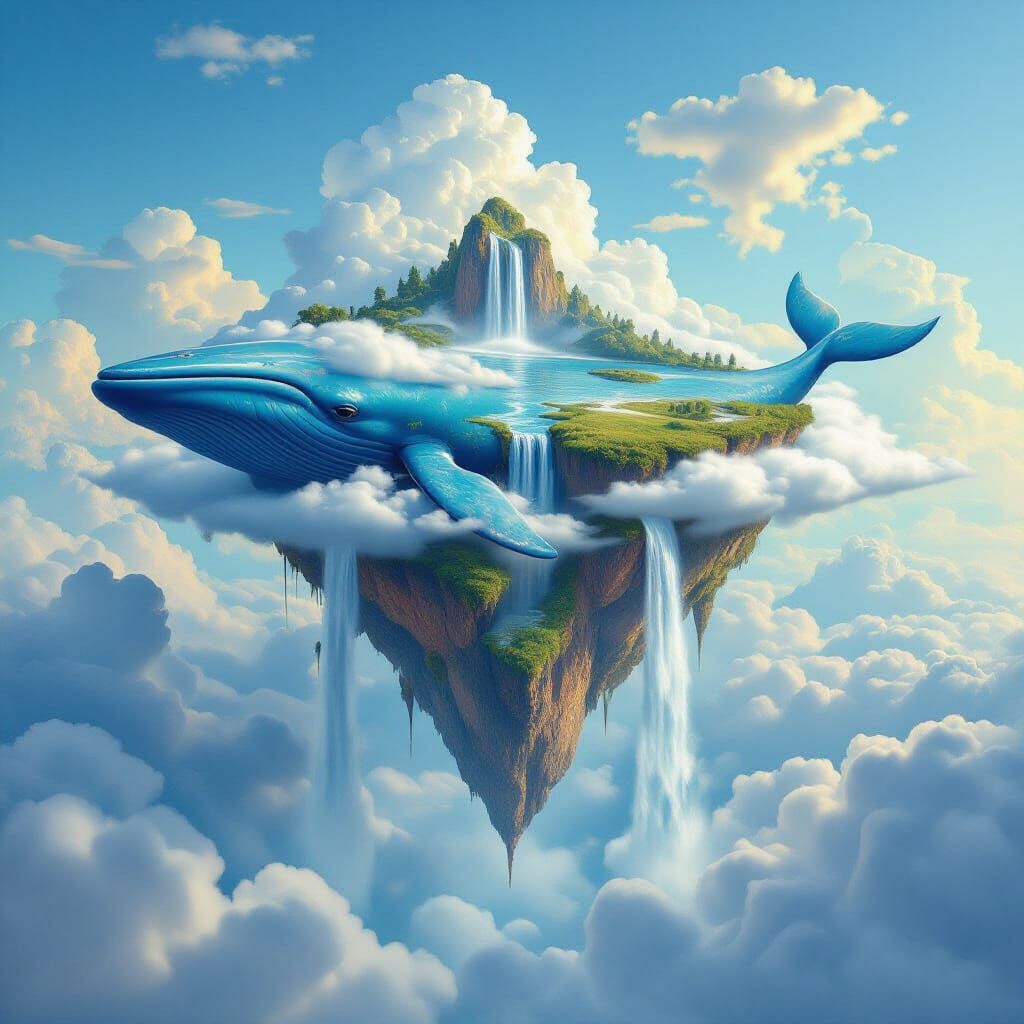 Surreal Whale Island with Waterfalls in Dreamlike Sky