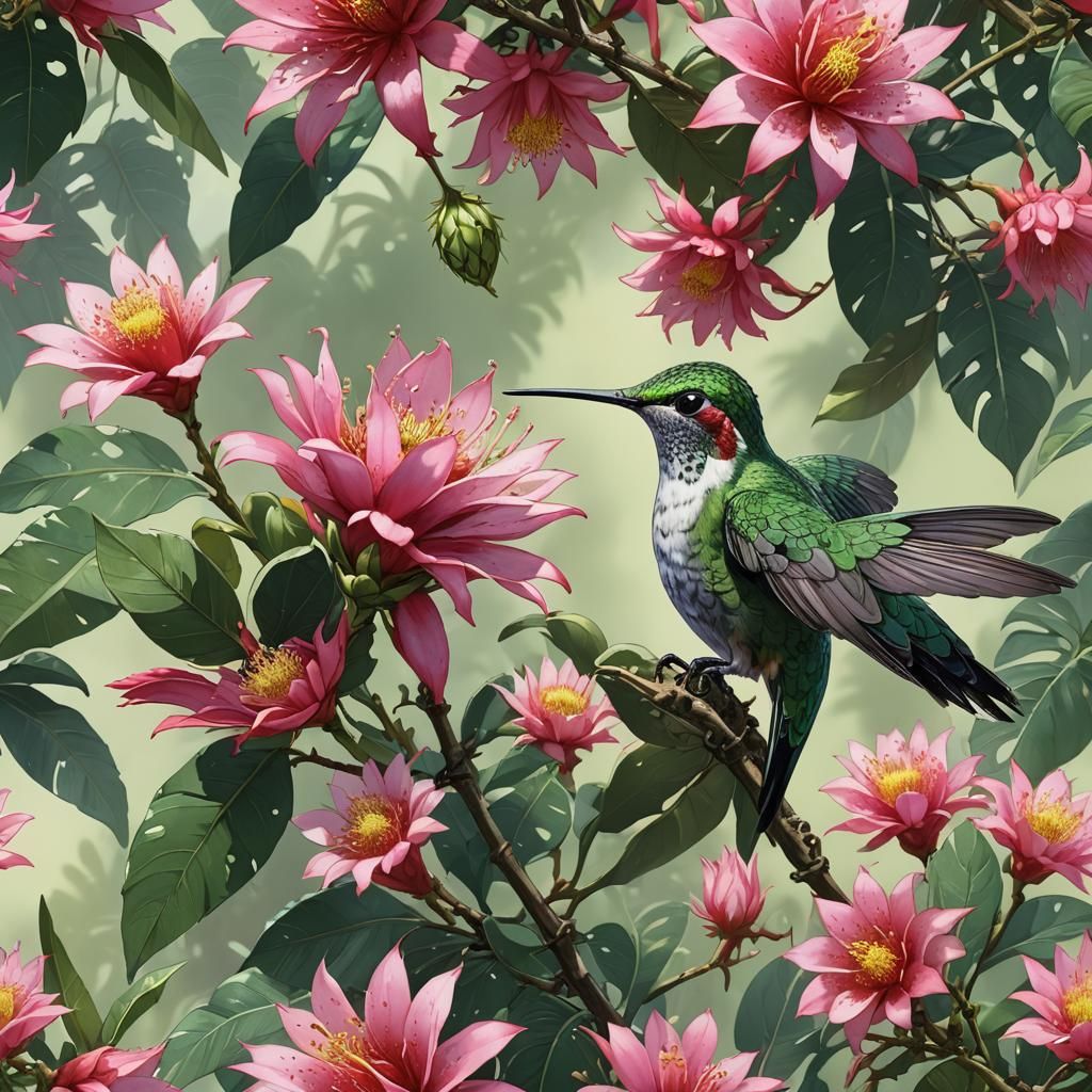 Hummingbird on a pitahaya flower.  by @Tj