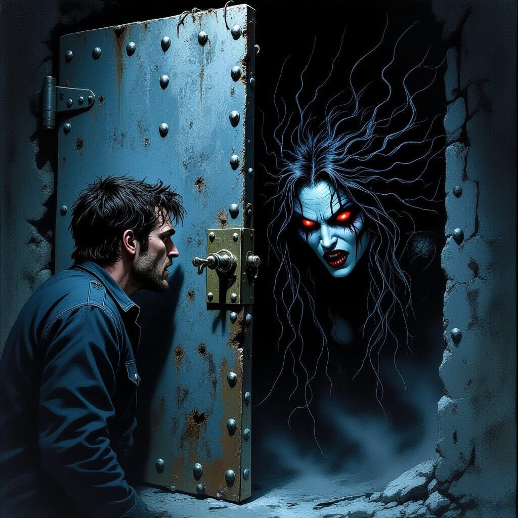 a side picture of a metal door. Rivets in the door can be seen. On One one side is a man, trapped and frightened. On the other side is a wom...