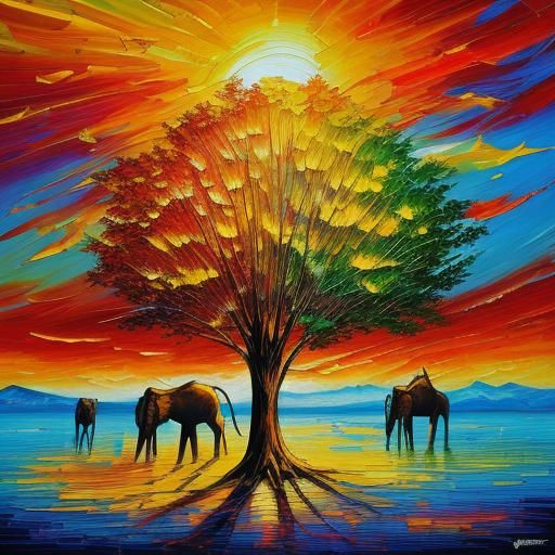 African Sunset: Giraffes and Elephants in Neo-Impressionist ...