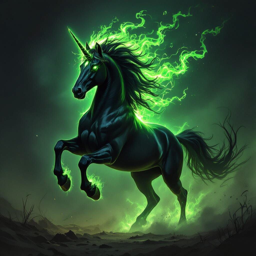 A black stallion rearing on it's hind legs with green flames for his mane, tail, and eyes. It's not a unicorn