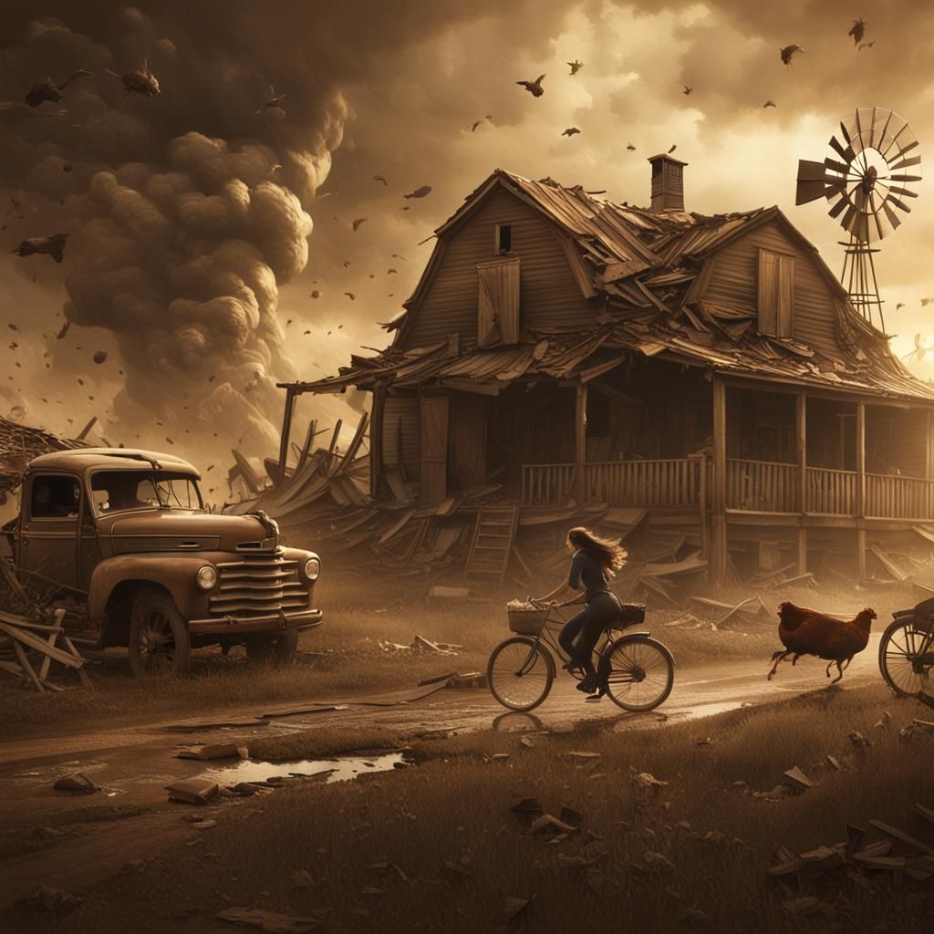 Tornado ripping through a small town farm tearing through a house, woman on bicycle flying on outside ...  by @72vapeaiart