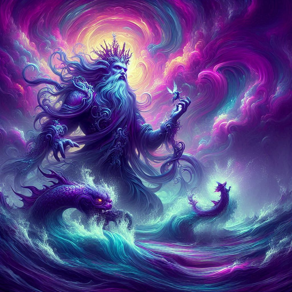 a river king rising from a swirling lake, ultraviolet hues