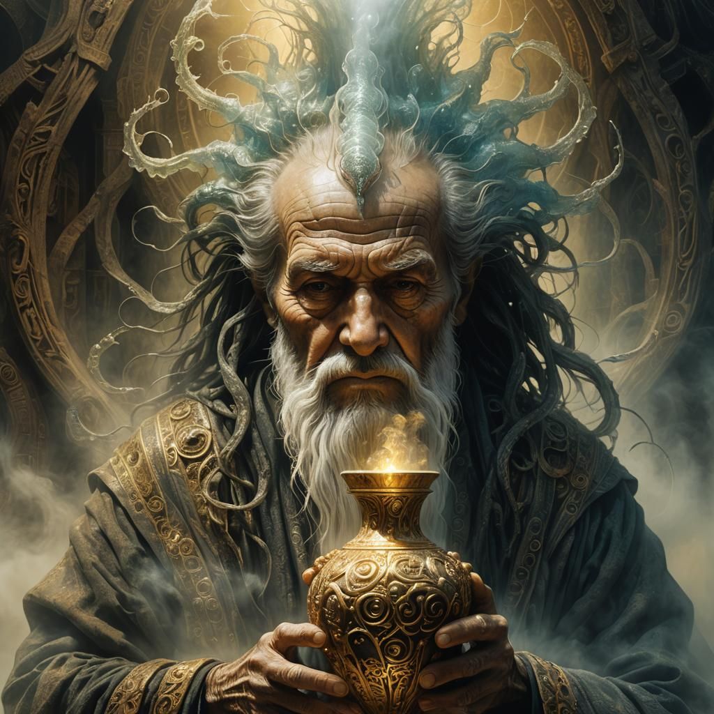 Mystical Old Man with Ethereal Vase: Surreal Portrait