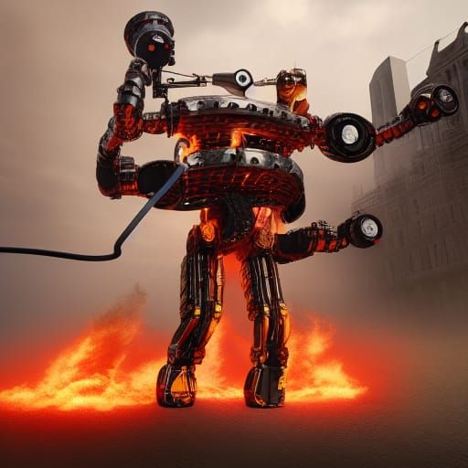 Humanoid robot with a flamethrower made of love